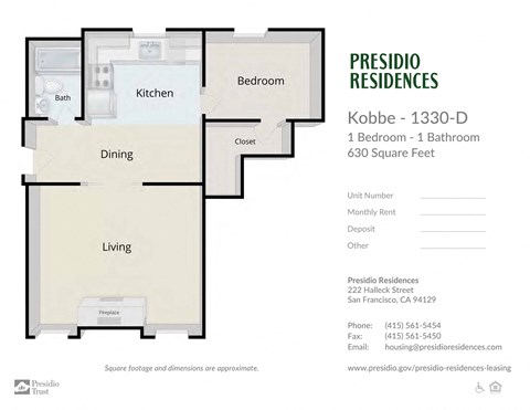 Floor plan for 1 bed, 1 bath, 630 sqft
